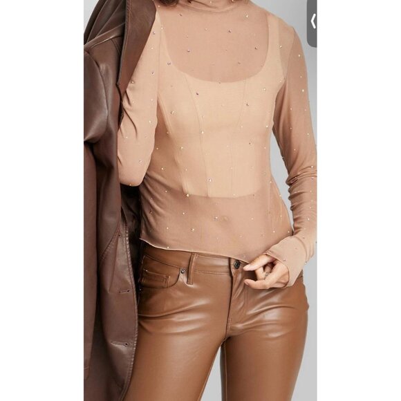 Wild Fable Light Brown Mesh Rhinestone Sheer Long Sleeve Top XS - Picture 2 of 6